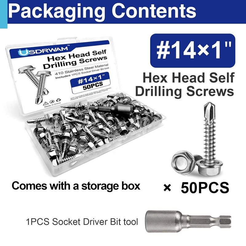 Usdrwam 50Pcs #14×1" Self Tapping Screws for Metal, 410 Stainless Steel Hex Washer Head Sheet Metal Screw - Image 3